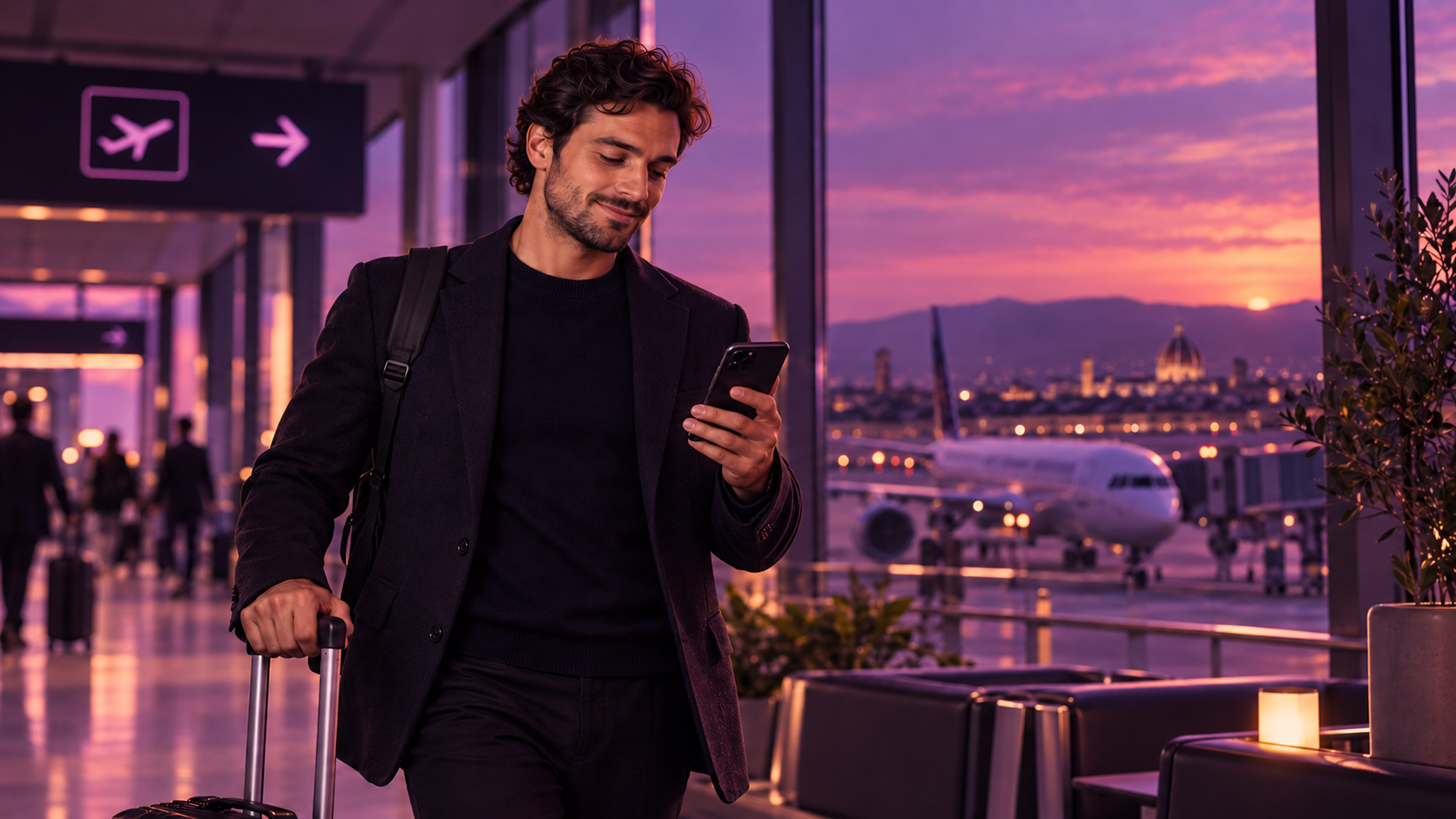 Viajero en un aeropuerto consultando su teléfono al atardecer, con un avión visible tras el cristal