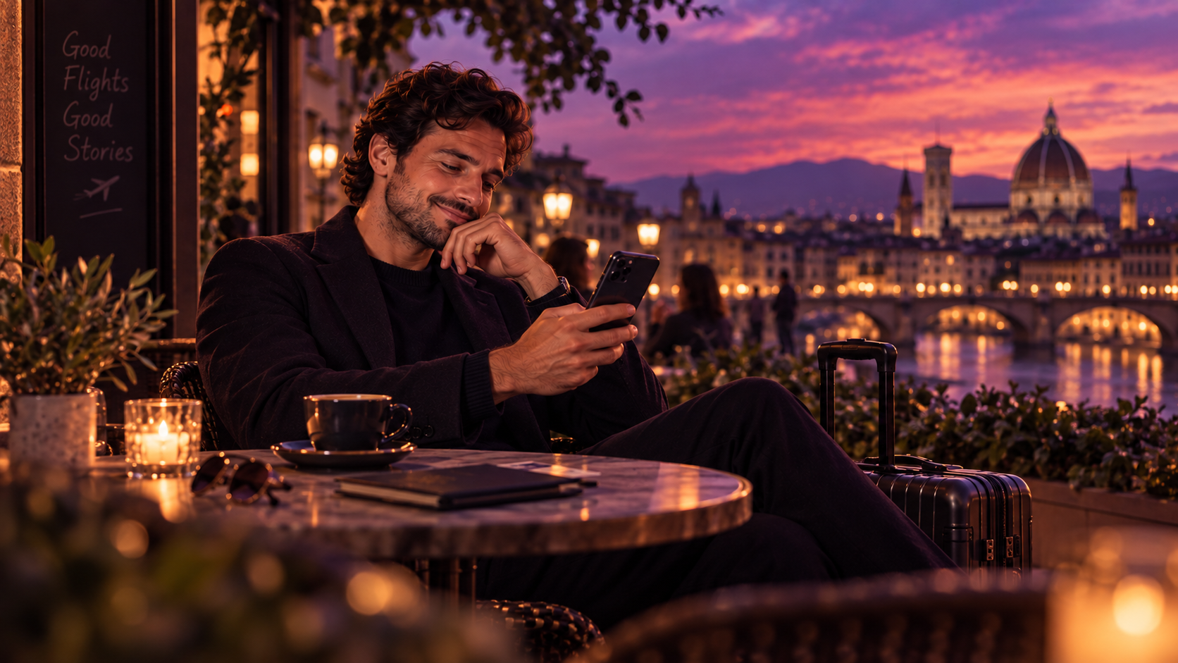 Persona relajada en una terraza al atardecer, consultando el móvil, con equipaje junto a ella y una ciudad iluminada de fondo