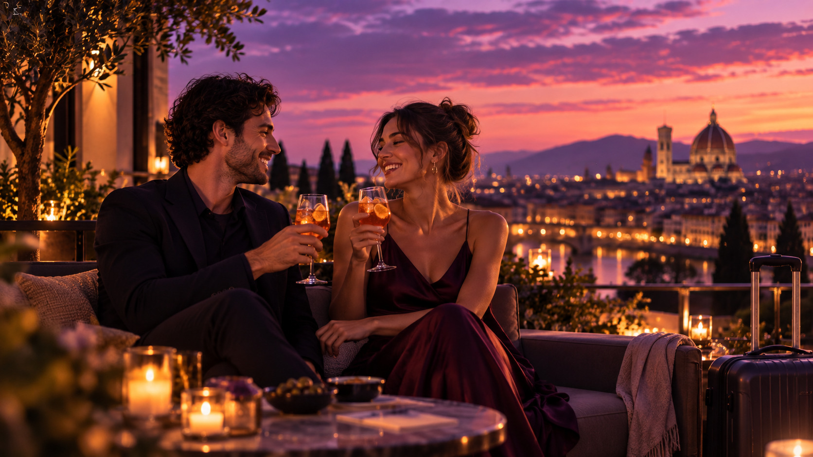 Pareja compartiendo una cena al atardecer durante un viaje